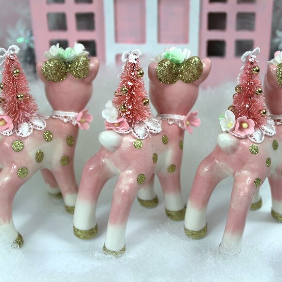 Pink Deer & Bottle Brush Tree Figurine: Vintage Style Christmas Decor - Picture 6 of 10